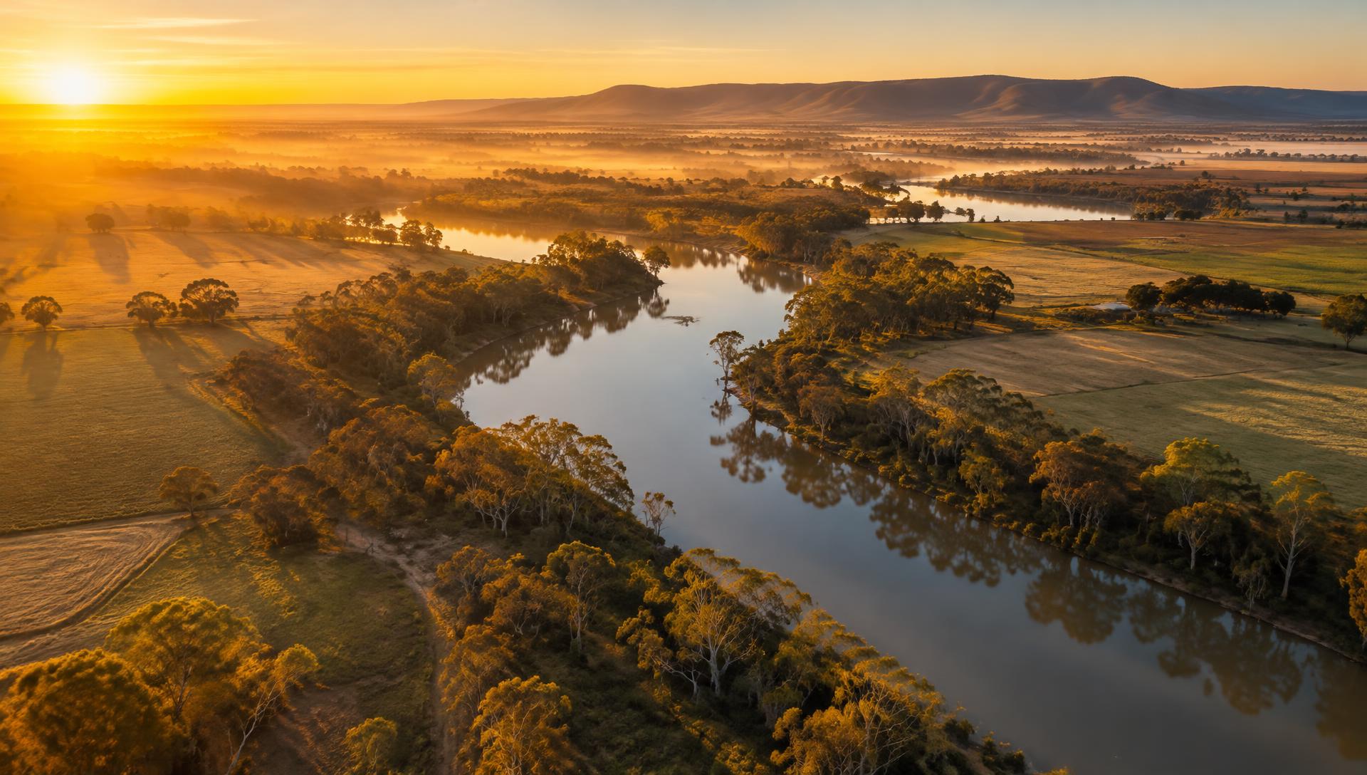 River winding through Riverina farmland at sunrise